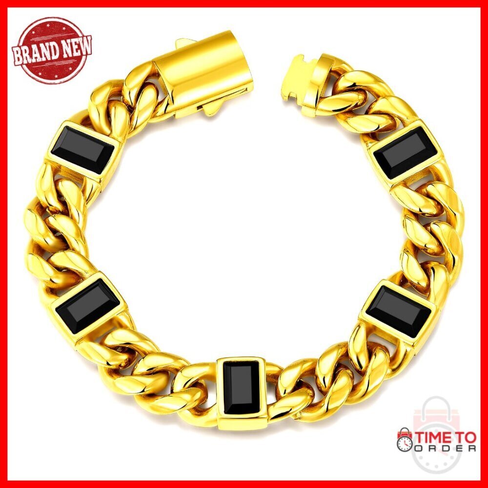 8 Inch Cuban Link Bracelet 18K Gold Filled Stainless Steel Black Onyx